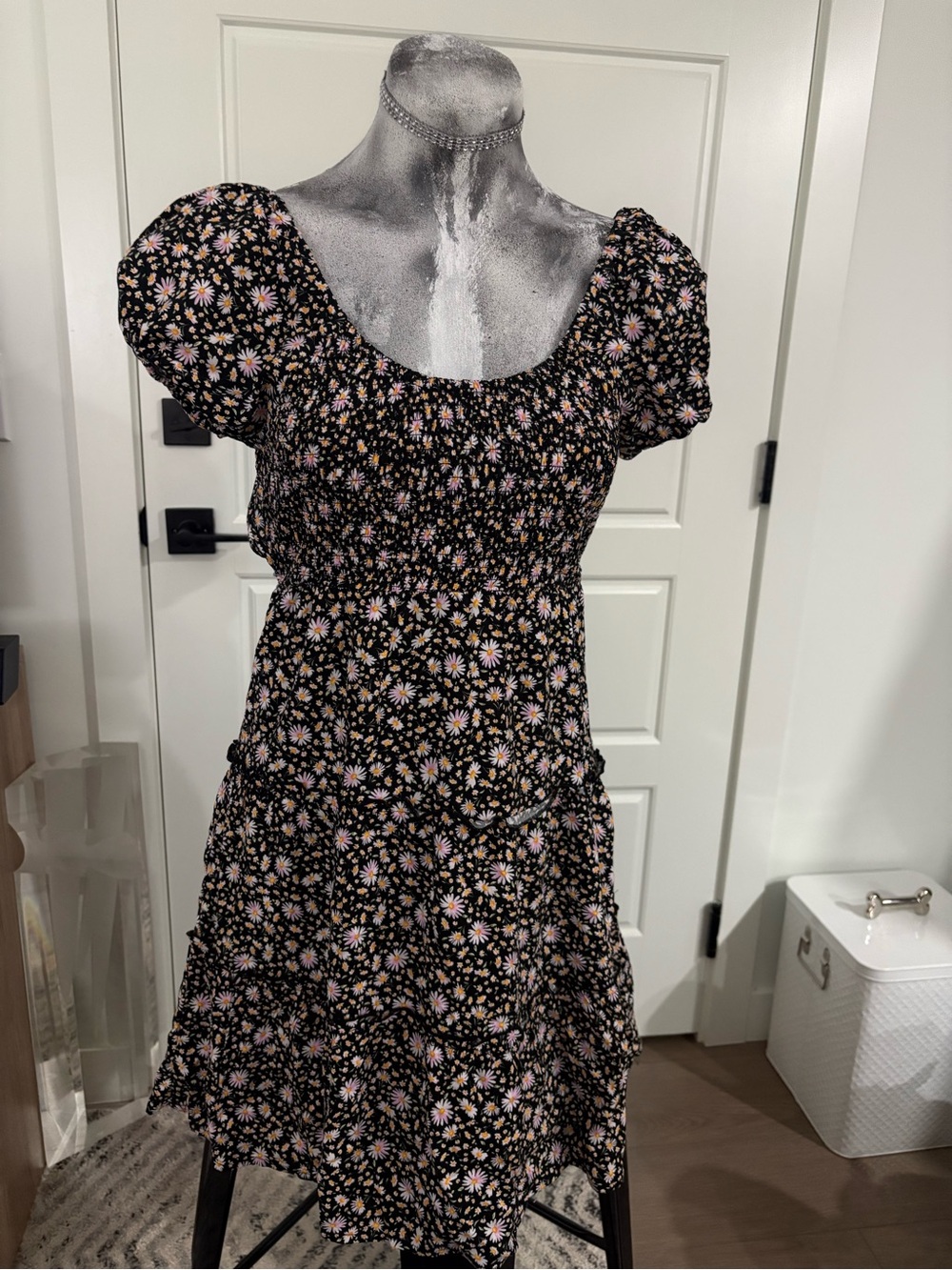 NOBO Black Mini Dress with Pink & Yellow Daisy Print